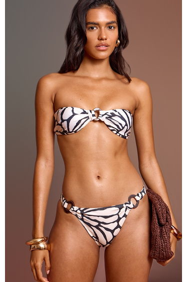White Giraffe Print Wooden Trim Tanga Bikini Bottoms