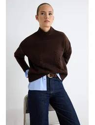 Brown Floral Embroidered Soft Textured Knitwear Sweater - 1