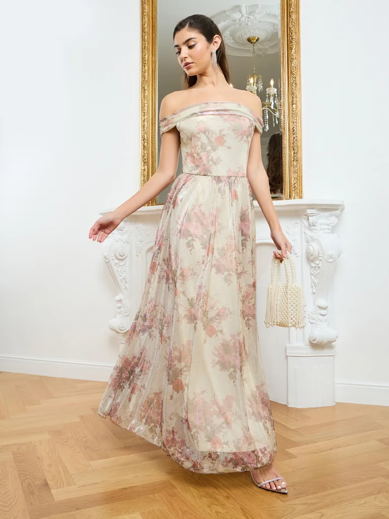 evening dresses bahrain Women Beige Ditsy Print Off Shoulder Maxi Dress Styli Multicolour : Evening  Dresses : VogaCloset Bahrain