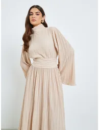 Women Beige Textured Pleated A-Line Midi Dress - 2