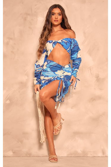 Blue Abstract Print Ruched Mini Skirt