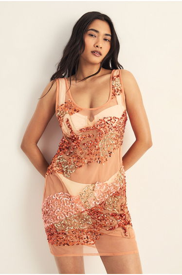 Starfish Wave Beaded Sheer Mini Beach Dress