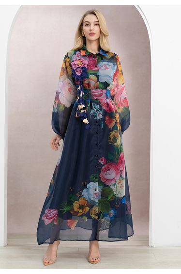 Floral-Kissed Button-Down Organza Maxi Dress with Brooch in Navy for Romantic Retreats & Sunset Dinners