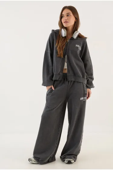 DSGN Studio Collegiate Printed Zip Through Boxy Hoodie - charcoal