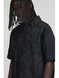 قميص دينيم بتطريز بطبعة أزهار - أسود - 1