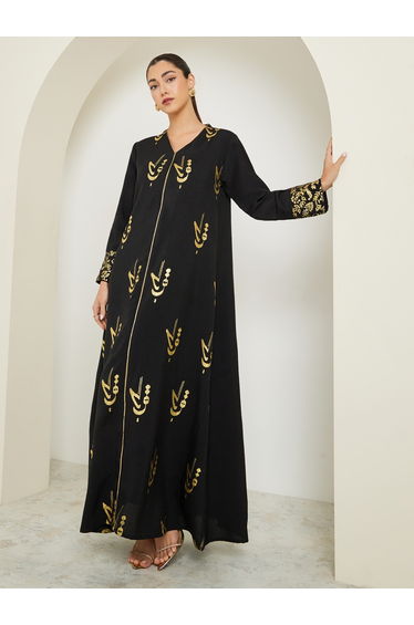 Black Maxi Jalabiya with Foil Print