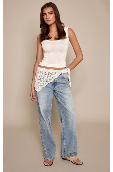 Mid Blue Crochet Scarf Detail Jeans