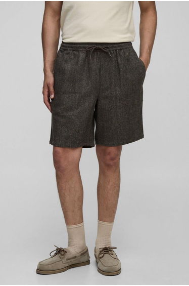Elasticated Waist Relaxed Fit Herringbone Shorts - brown