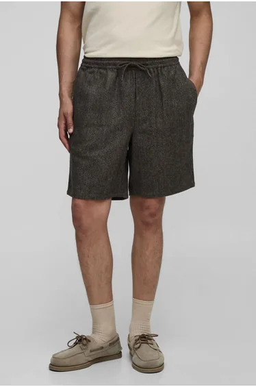 Elasticated Waist Relaxed Fit Herringbone Shorts - brown