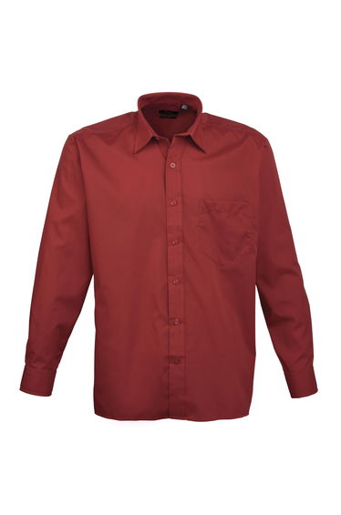Premier Mens Long Sleeve Formal Plain Work Poplin Shirt - Burgundy