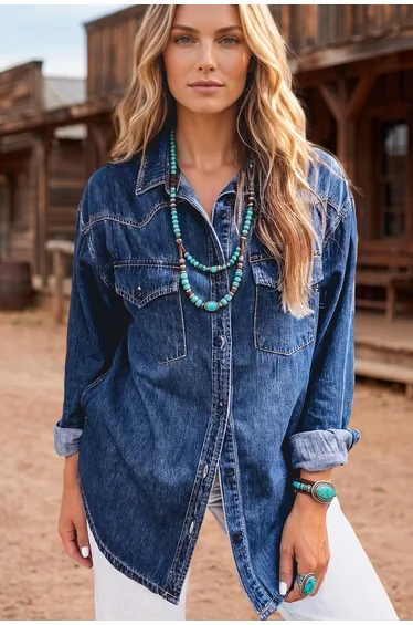 Lvness Sail Blue Western Patch Pockets Tunic Length Long Sleeve Denim Shirt