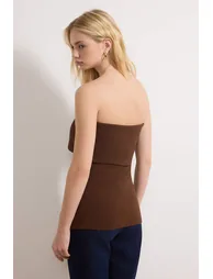 Brown Strapless Neck Side Zipper Crepe Knitted Blouse - 5