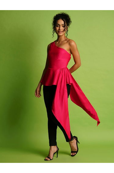 Women Pink Solid One Shoulder Satin Peplum Top with Gathered Overlay