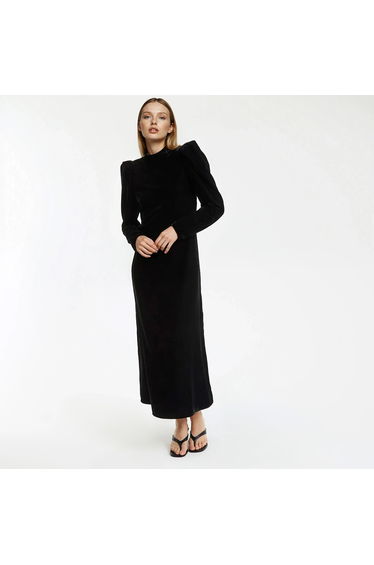 Flared Velour Maxi Dress with Long Sleeves