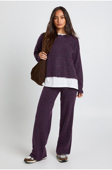Crew Neck Knitted Boxy Cardigan and Wide Leg Trouser Co-Ord - aubergine