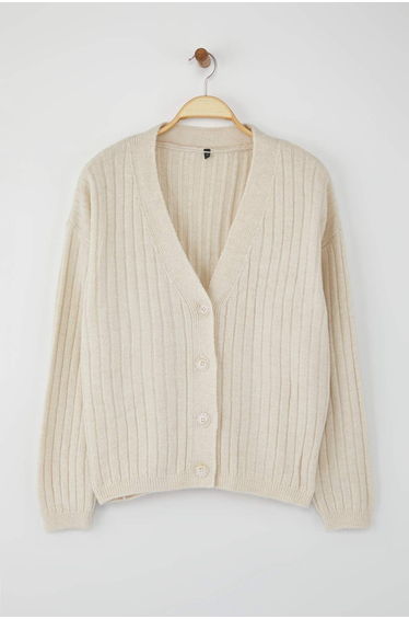 Wardrobe Essentials Stone Soft Texture Basic Wide Pattern Knit Cardigan