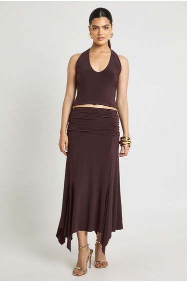 Slinky Hanky Hem Midi Skirt - chocolate