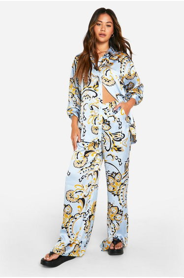 Paisley Satin Wide Leg Trouser - blue