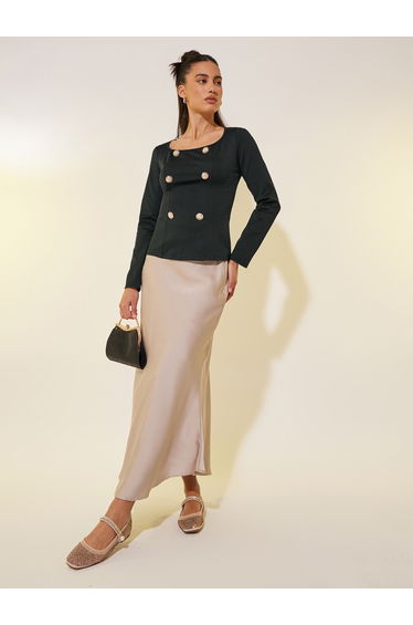 Solid Square Neck Button Detail Knit Top