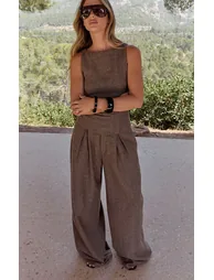 Brown Tweed Racer Neck Detail Top - 2