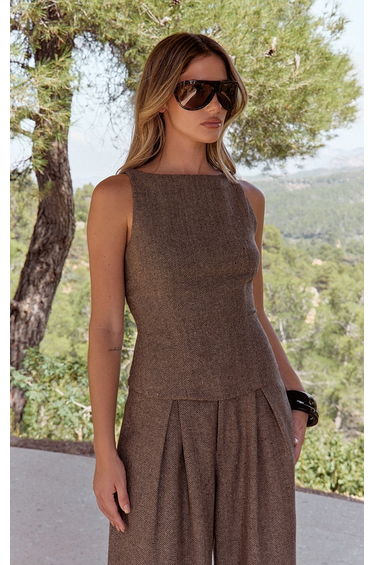 Brown Tweed Racer Neck Detail Top