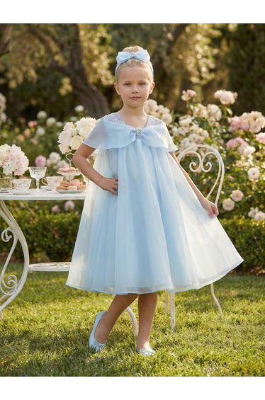 Dress & Fleur Girls Chiffon Large Bow Dress in Blue