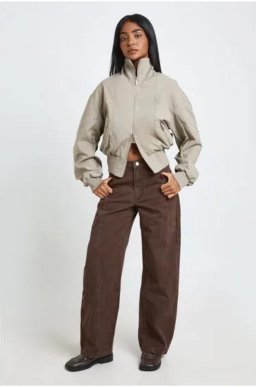 Ribbed Funnel Neck Bomber Jacket - sage