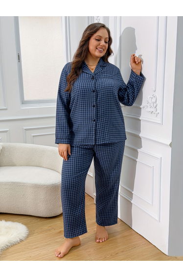 Plus Size Checked Long Sleeve Shirt and Pyjama Set