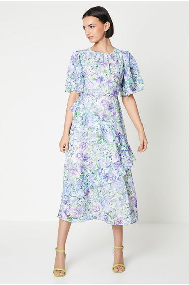 Soft Floral Angel Sleeve Satin Burnout Midaxi Dress