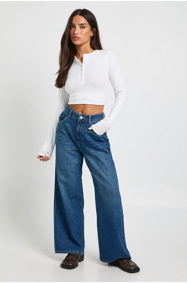 Petite Boohoo Basics High Waist Wide Leg Jean - vintage wash