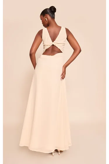 Butter Cream Plunge Chiffon Sleeveless Maxi Dress