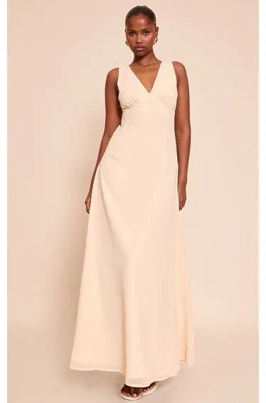 Butter Cream Plunge Chiffon Sleeveless Maxi Dress