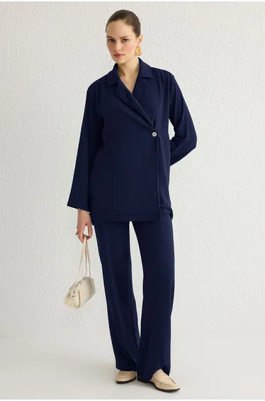 Navy Blue Belted Double Breasted Shirt-Pants Woven Bottom-Top Set