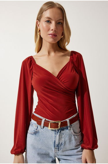 Women's Tile Elastic Balloon Sleeve Sandy Knitted Blouse