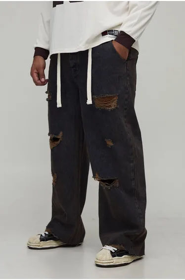 Plus Distressed Drawcord Relaxed Fit Jeans - dark wash