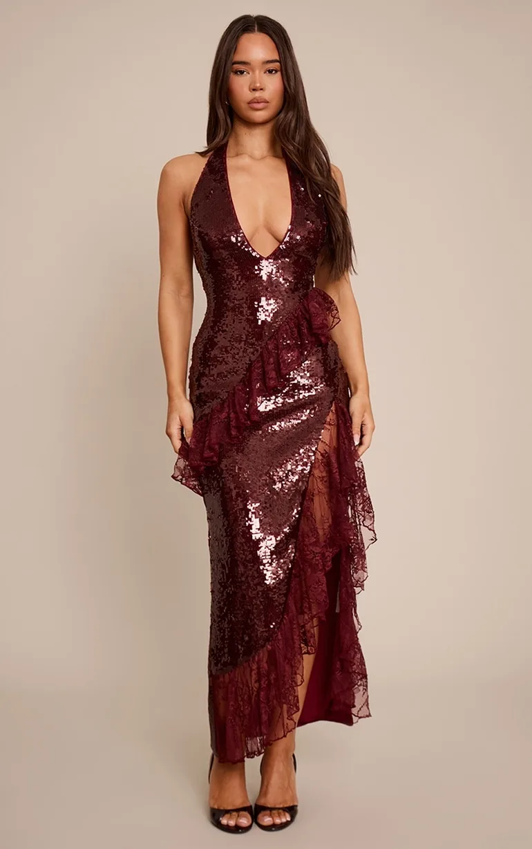 Burgundy V Neck Frill Maxi Dress Prettylittlething Red : Evening Dresses :  VogaCloset Libya