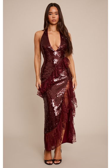 Burgundy V Neck Frill Maxi Dress