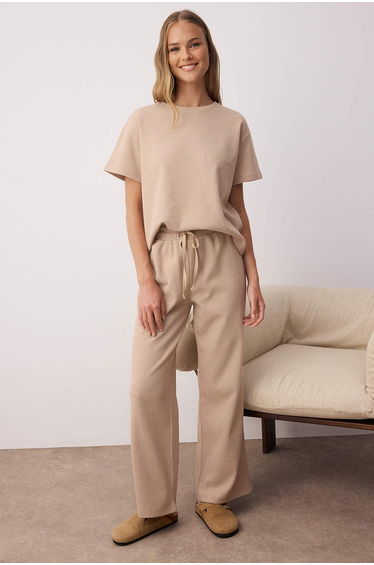 Beige Waist Tie Detailed Waffle Knit Pajama Set