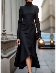 Long Sleeves Skinny Solid Color High Neck Midi Dresses