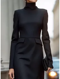 Long Sleeves Skinny Solid Color High Neck Midi Dresses - 1