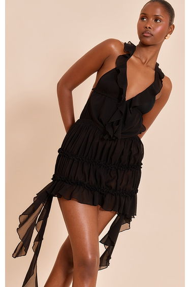 Black Chiffon Frill Bodycon Dress
