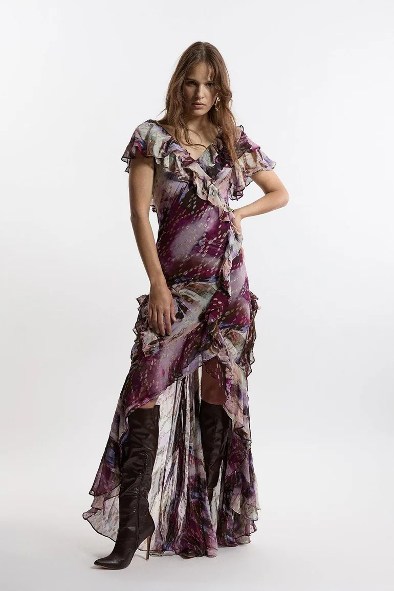 Shop Ruffle Detail Metallic Thread Maxi Dress Online in Oman