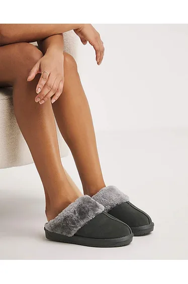 Faux Fur Lined Suede Mule Slipper Wide