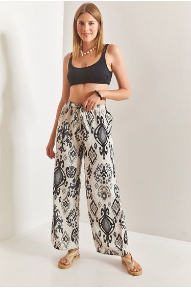 Women's Elastic Waist Multi Patterned Linen Trousers