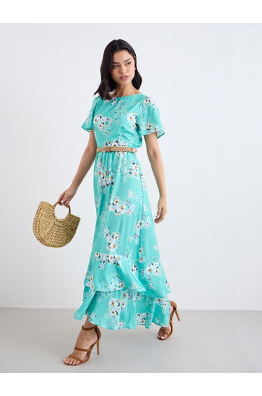 Green Floral Print Layered Maxi Dress