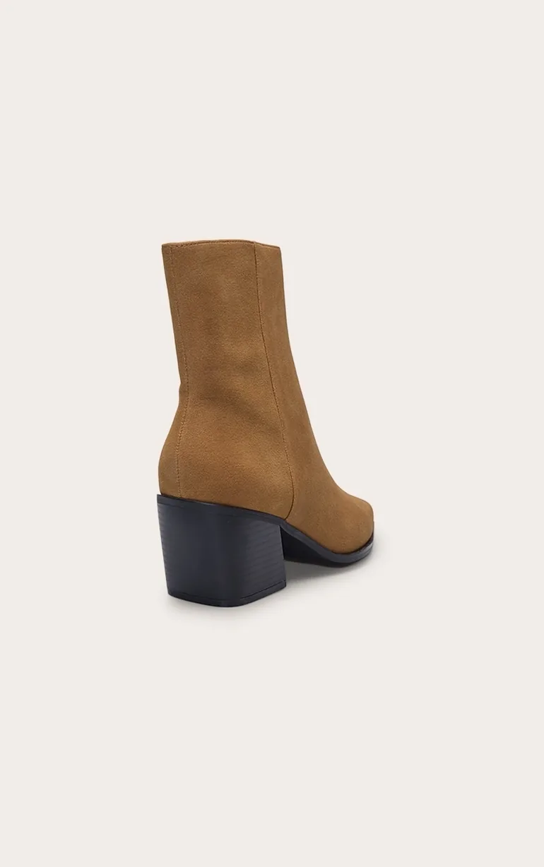 Camel Nubuck Block Heel Ankle Boot - 3
