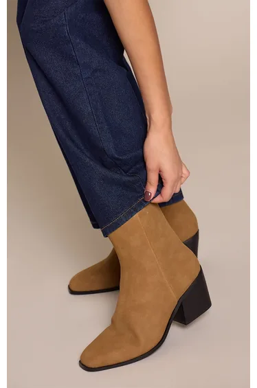 Camel Nubuck Block Heel Ankle Boot
