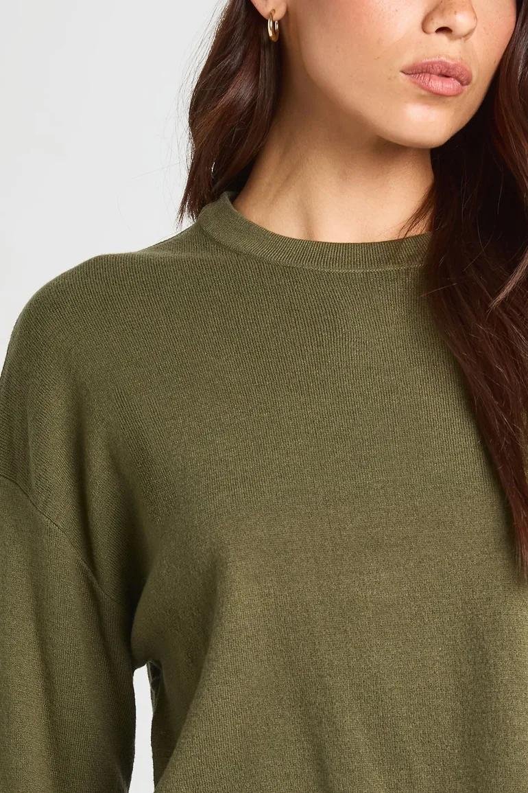 Round Neck Long Sleeve Knitted Top - olive - 3