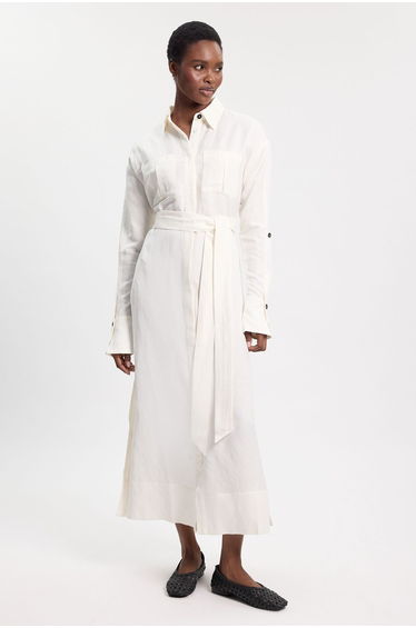 Viscose Linen Woven Belted Shirt Dress
