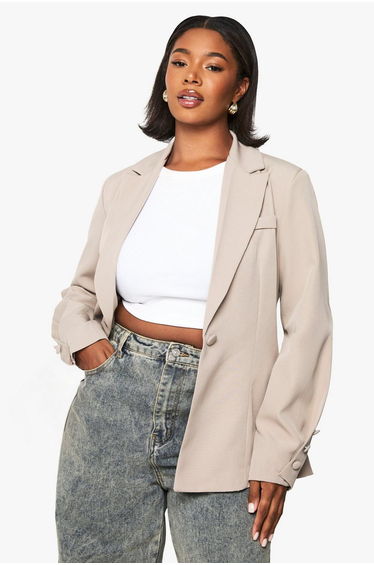 Plus Woven Tailored Self Fabric Button Detail Blazer